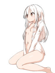 Rule 34 | 1girl, bad id, bad pixiv id, barefoot, between legs, breasts, brown eyes, curss, long hair, looking to the side, navel, open clothes, open shirt, original, shirt, simple background, sitting, small breasts, solo, white background, white hair, white shirt
