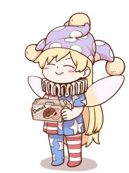 Rule 34 | 1girl, american flag dress, american flag legwear, blonde hair, blush stickers, box, closed eyes, clownpiece, commentary request, doughnut, fairy wings, food, full body, hat, holding, jester cap, neck ruff, pantyhose, pastry box, polka dot headwear, poronegi, purple hat, short sleeves, simple background, smile, solo, touhou, white background, wings