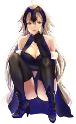 Rule 34 | 1girl, absurdres, ahoge, bare shoulders, black gloves, black thighhighs, blue footwear, breasts, cleavage, commentary request, dress, fate/grand order, fate (series), fur trim, gloves, hand on own chin, headpiece, high heels, highres, hutuu (1121), jeanne d&#039;arc (fate), jeanne d&#039;arc alter (avenger) (fate), jeanne d&#039;arc alter (fate), large breasts, long hair, navel, pink lips, purple dress, shin guards, silver hair, squatting, thighhighs, tsurime, white background, yellow eyes