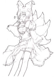 Rule 34 | 1girl, animal hat, dress, etogami kazuya, female focus, fox tail, greyscale, hat, long sleeves, looking at viewer, mob cap, monochrome, multiple tails, ofuda, mob cap, short hair, solo, tabard, tail, tassel, thigh strap, touhou, white background, wide sleeves, yakumo ran