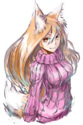Rule 34 | 1girl, animal ear fluff, animal ears, blonde hair, commentary request, fang, fang out, fox ears, fox tail, jaco, long hair, long sleeves, looking at viewer, original, pink sweater, ribbed sweater, simple background, slit pupils, smile, solo, sweater, tail, upper body, white background, yellow eyes