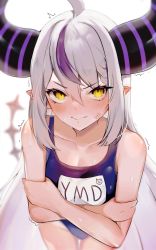 Rule 34 | 1girl, absurdres, blue one-piece swimsuit, blush, collarbone, crossed arms, embarrassed, grey hair, highres, hololive, horns, la+ darknesss, maru ccy, multicolored hair, one-piece swimsuit, orange eyes, pointy ears, purple hair, school swimsuit, solo, streaked hair, swimsuit, tail, trembling, v-shaped eyebrows, virtual youtuber