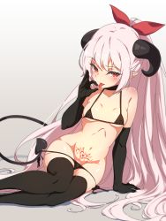 Rule 34 | 1girl, arm support, bikini, bikini pull, black bikini, black gloves, black thighhighs, breasts, choker, clothes pull, commission, covered erect nipples, demon girl, demon tail, dungeon and fighter, elbow gloves, fellatio gesture, gloves, gradient background, highres, horns, long hair, micro bikini, navel, original, pink hair, pointy ears, ponytail, pubic tattoo, pulled by self, red eyes, sando (dukedevil), side-tie bikini bottom, simple background, sitting, small breasts, solo, string bikini, swimsuit, tail, tattoo, thighhighs, tongue, tongue out, undressing, very long hair, yokozuwari
