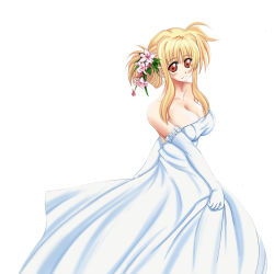 Rule 34 | 00s, 1girl, bare shoulders, blonde hair, blush, breasts, cleavage, clothes lift, dress, dress lift, elbow gloves, fate testarossa, flower, gloves, large breasts, lyrical nanoha, mahou shoujo lyrical nanoha, mahou shoujo lyrical nanoha strikers, red eyes, solo, strapless, strapless dress, white dress