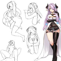 Rule 34 | 10s, 1boy, 1girl, ass, black gloves, black thighhighs, braid, breasts squeezed together, breasts, butt crack, censored, character sheet, cow girl, cow horns, cowgirl position, draph, dress, elbow gloves, fellatio, full body, gloves, granblue fantasy, hair ornament, hair over one eye, hairclip, hetero, highres, horns, huge breasts, long hair, looking at viewer, miniskirt, narmaya (granblue fantasy), nipples, nude, okamen, oral, paizuri, partially colored, penis, pointy ears, purple hair, sex, simple background, sitting, sitting on person, skirt, spread legs, standing, straddling, thighhighs, thighs, vaginal, white background