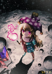 Rule 34 | 1girl, absurdres, alternate hair color, american flag, american flag dress, american flag legwear, black sky, blush, breasts, brown hair, closed mouth, clownpiece, dress, fire, hair between eyes, hat, highres, holding, holding torch, jester cap, kneehighs, light, light brown hair, long hair, looking at viewer, looking up, maa (forsythia1729), moon, moonlight, neck ruff, night, night sky, no shoes, pink eyes, pointy ears, polka dot, pom pom (clothes), purple fire, purple hat, shadow, short sleeves, sky, small breasts, smile, socks, solo, space, standing, star (sky), star (symbol), star print, starry sky, striped clothes, striped dress, striped socks, torch, touhou
