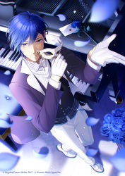 Rule 34 | 1boy, blue eyes, blue flower, blue hair, blue rose, carnival mask, flower, formal, from above, gloves, hands up, highres, holding, holding mask, instrument, kaito (vocaloid), letter, long sleeves, male focus, mask, miku symphony (vocaloid), nokuhashi, petals, piano, ribbon, rose, short hair, smile, solo, suit, vocaloid