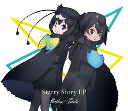 Rule 34 | 2girls, :d, album cover, black cape, black eyes, black gloves, black hair, black legwear, black shorts, black sweater, blue eyes, bow, cape, cover, eyelashes, fur collar, gloves, head wings, kemono friends, multiple girls, official art, open mouth, pantyhose, puffy shorts, shorts, smile, superb bird-of-paradise (kemono friends), sweater, turtleneck, turtleneck sweater, western parotia (kemono friends), white background, wings, yoshizaki mine