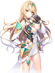 Rule 34 | 1girl, armor, blonde hair, blush, breasts, cleavage, cleavage cutout, closed mouth, clothing cutout, commentary request, dress, earrings, elbow gloves, faulds, gem, gloves, hand in own hair, hand on own hip, headpiece, highres, jewelry, large breasts, long hair, looking at viewer, mythra (xenoblade), nintendo, ririko (zhuoyandesailaer), short dress, shoulder armor, simple background, smile, solo, swept bangs, thigh strap, thighs, tiara, very long hair, white background, white dress, white gloves, xenoblade chronicles (series), xenoblade chronicles 2, yellow eyes