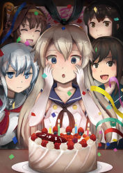 Rule 34 | 10s, 5girls, ahoge, akagi (kancolle), anchor symbol, bare shoulders, blonde hair, blue eyes, blush, brown hair, cake, closed eyes, collarbone, commentary request, confetti, elbow gloves, food, fubuki (kancolle), gloves, hair between eyes, hair ornament, hairband, hands on own cheeks, hands on own face, happy birthday, hibiki (kancolle), indoors, jitome, kantai collection, kongou (kancolle), light smile, long hair, looking at another, looking down, multiple girls, neckerchief, open mouth, sailor collar, school uniform, serafuku, shimakaze (kancolle), shirt, silver hair, sitting, sleeveless, sleeveless shirt, smile, straight hair, swept bangs, tinai, upper body, white gloves