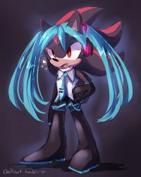 Rule 34 | 1boy, alternate costume, animal ears, aqua hair, artist name, black footwear, black hair, black skirt, blue necktie, blush, boots, cosplay, crossdressing, detached sleeves, fang, glowing, grey shirt, hand in pocket, hatsune miku, hatsune miku (cosplay), headphones, heart, light blush, long hair, male focus, miniskirt, necktie, number tattoo, open mouth, pleated skirt, red eyes, red hair, shadow the hedgehog, shirt, sideways mouth, skirt, sleeveless, sleeveless shirt, solo, sonic (series), spacecolonie, tattoo, thigh boots, thighhighs, tumblr username, very long hair, vocaloid