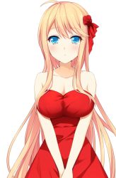 Rule 34 | 1girl, bare shoulders, blonde hair, blue eyes, blush, breasts, cleavage, donuthouse, dress, female focus, furoura aruse noriumu neon, game cg, large breasts, long hair, looking at viewer, mayachi (amuriya), parted lips, red dress, simple background, solo, standing, strapless, strapless dress, v arms, valkyrie runabout!, very long hair