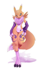 Rule 34 | artist name, black sclera, blue eyes, colored sclera, dated, digimon, digimon (creature), fox tail, full body, highres, looking at viewer, lummh, renamon, simple background, solo, tail, white background