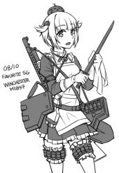 Rule 34 | 1girl, apron, bridal garter, character name, dated, dress, fang, frilled dress, frills, girls&#039; frontline, gloves, greyscale, gun, hair flaps, hair ornament, highres, holding, holding weapon, layered sleeves, long sleeves, looking at viewer, m1897 (girls&#039; frontline), monochrome, name connection, ndtwofives, object namesake, on head, open mouth, pleated dress, puffy short sleeves, puffy sleeves, pump action, shield module, short hair, short over long sleeves, short sleeves, shotgun, simple background, solo, weapon, white background, winchester model 1897
