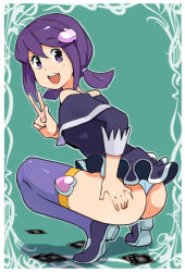 Rule 34 | 1girl, ass, ass grab, bad id, bad pixiv id, bare shoulders, battle spirits, battle spirits: shounen gekiha dan, battle spirits shonen gekiha dan, card, dress, from behind, grabbing own ass, hair ornament, heart, looking back, panties, pantyshot, purple eyes, purple hair, purple thighhighs, shoes, short hair, short twintails, solo, squatting, tamagoroo, thighhighs, thong, tiptoes, twintails, underwear, v, viole mai, white panties