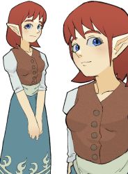 Rule 34 | 1girl, anju, bad id, bad twitter id, blue eyes, blue skirt, brown vest, collarbone, eyelashes, highres, looking at viewer, medium hair, nintendo, own hands together, pantsu-ripper, pointy ears, red hair, simple background, skirt, smile, solo, the legend of zelda, the legend of zelda: ocarina of time, vest