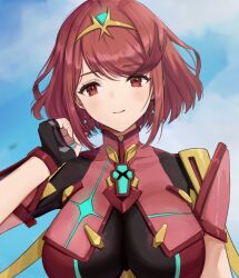 Rule 34 | 1girl, aqua gemstone, black gloves, bob cut, breasts, chest jewel, drop earrings, earrings, fingerless gloves, gem, gloves, impossible clothes, jewelry, large breasts, neon trim, pyra (xenoblade), red eyes, red hair, short sleeves, solo, swept bangs, tiara, upper body, xenoblade chronicles (series), xenoblade chronicles 2, yamamori kinako