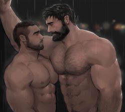 Rule 34 | 2boys, abs, bara, beard, body hair, chest hair, couple, dopey (dopq), eye contact, facial hair, highres, imminent kiss, large pectorals, looking at another, male focus, manly, multiple boys, muscular, nipples, original, pectoral docking, pectoral press, pectorals, rain, simple background, topless male, wet, yaoi