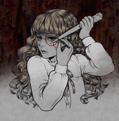 1girl blood blood_on_face blunt_bangs brown_hair colored_skin commentary fear_&amp;_hunger_(series) fear_&amp;_hunger_2:_termina frilled_shirt_collar frills grey_background grey_ribbon grey_skin highres holding holding_knife knife long_hair long_sleeves looking_to_the_side marina_(fear_&amp;_hunger) mouth_piercing neck_ribbon red_background ribbon shirt solo tatjasng12 two-tone_background upper_body white_shirt