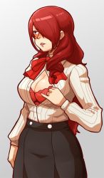 Rule 34 | 1girl, blush, bow, bra, breasts, chief (91m10), cleavage, hair over one eye, highres, kirijou mitsuru, lace, lace-trimmed bra, lace trim, large breasts, lingerie, long hair, open clothes, open shirt, persona, persona 3, red bra, red eyes, red hair, shirt, solo, unbuttoned, unbuttoned shirt, underwear