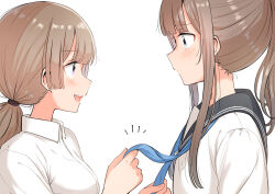 Rule 34 | 2girls, betock, blue eyes, blue neckerchief, blue sailor collar, blush, breasts, brown hair, closed mouth, collared shirt, commentary request, dress shirt, flat chest, highres, lone nape hair, long hair, looking at another, low ponytail, medium breasts, multiple girls, neckerchief, open mouth, original, ponytail, purple eyes, sailor collar, school uniform, serafuku, shirt, sidelocks, simple background, teeth, undone neckerchief, upper body, upper teeth only, white background, white shirt