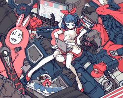 Rule 34 | 1girl, apron, blue eyes, blue hair, book, commentary, computer, copyright request, dodecahedron, dress, duel disk, explosive, full body, grenade, gun, gundam, hairband, hat, helmet, highres, intel, laptop, limited palette, lying, mario (series), monitor, nintendo, no nose, omega rei, omega sisters, omega symbol, on back, otaku room, red dress, red footwear, red hairband, short hair, short sleeves, smr omg, solo, super bunny man, thighhighs, twitter username, virtual youtuber, weapon, white thighhighs, youtube, yu-gi-oh!, yu-gi-oh! duel monsters, zettai ryouiki