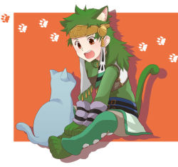 Rule 34 | 1boy, :d, ahoge, animal ears, animal hands, bad id, bad pixiv id, belt, brown eyes, cat, cat ears, cat tail, full body, green hair, green shirt, happy, headband, kemonomimi mode, kingyomorattayo, long hair, male focus, messy hair, open mouth, pants, shirt, simple background, sitting, smile, solo, tail, tales of (series), tales of rebirth, tytree crowe