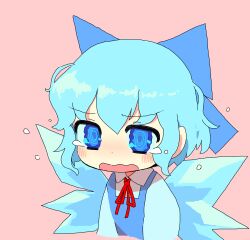 Rule 34 | 1girl, aqua hair, blue bow, blue dress, blue eyes, blue hair, blue ribbon, blush, bow, cirno, collar, collared shirt, crying, dress, hair bow, hair ornament, hair ribbon, highres, hozumiare, ice, ice wings, neck ribbon, open mouth, pink background, red bow, red ribbon, ribbon, shirt, short hair, simple background, solo, tearing up, tears, touhou, upper body, wavy hair, wavy mouth, wings