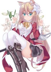 Rule 34 | 1girl, animal ears, blonde hair, blue eyes, blush, boots, cat ears, flower, hair flower, hair ornament, long hair, long sleeves, looking at viewer, original, ray-akila, skirt, smile, solo, sword, thighhighs, weapon, white thighhighs