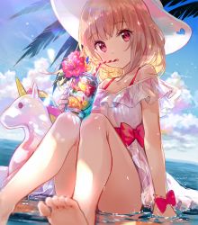 Rule 34 | 1girl, barefoot, bikini, blonde hair, blue sky, bow, bracelet, breasts, cleavage, cloud, collarbone, day, drinking, drinking straw, flower, fuzichoco, hibiscus, highres, jewelry, looking at viewer, off-shoulder shirt, off shoulder, original, outdoors, pink eyes, red bikini, red bow, red eyes, red flower, see-through, shirt, short hair, sitting, sky, small breasts, soles, solo, summer, swimsuit, unicorn, white shirt