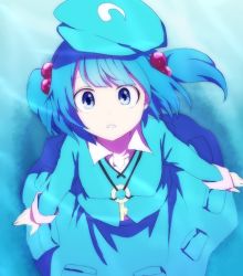 Rule 34 | 1girl, arms at sides, bad id, bad pixiv id, blue eyes, blue hair, blue shirt, blue skirt, commentary request, from above, hair bobbles, hair ornament, kawashiro nitori, key, long sleeves, looking at viewer, matching hair/eyes, parted lips, pocket, shirt, short hair, skirt, skirt set, solo, touhou, two side up, you (noanoamoemoe)
