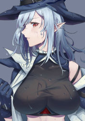 Rule 34 | 1girl, absurdres, arknights, black coat, black headwear, black shirt, breasts, chinese commentary, coat, commentary request, crop top, cy9, gladiia (arknights), goth fashion, hat, high collar, highres, large breasts, looking at viewer, parted lips, pointy ears, pointy hat, red eyes, shirt, silver hair, simple background, undressing, upper body, wet, wet clothes