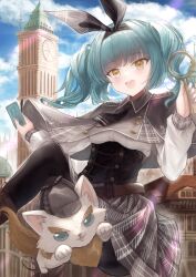 Rule 34 | 1girl, absurdres, black hairband, black necktie, black pantyhose, blue hair, blush, bow hairband, capelet, clock, clock tower, corset, detective, ema christie, hairband, highres, holding, holding magnifying glass, indie virtual youtuber, long sleeves, looking at viewer, magnifying glass, necktie, open mouth, pantyhose, siruru0503, solo, teeth, thighband pantyhose, tower, twintails, underbust, upper teeth only, virtual youtuber, white sleeves, yellow eyes