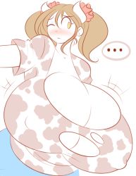 Rule 34 | ..., 1girl, animal print, black hair, blush, borrowed character, breasts, bursting breasts, cleavage, covered erect nipples, cow girl, cow print, gigantic breasts, horns, one eye closed, simple background, solo, sukimi, theycallhimcake, torn clothes, twintails, white background, wink, yellow eyes