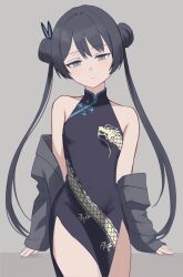Rule 34 | 1girl, bare shoulders, black dress, black hair, blue archive, braid, braided bun, butterfly hair ornament, china dress, chinese clothes, closed mouth, clothes down, coat, commentary request, double bun, dragon print, dress, frown, grey coat, grey eyes, hair bun, hair ornament, highres, kisaki (blue archive), leaning back, long hair, long sleeves, looking at viewer, nzmtarou, pelvic curtain, side slit, sleeveless, sleeveless dress, solo, twintails