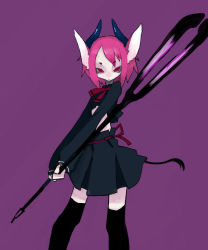 Rule 34 | 1girl, animal ears, black thighhighs, female focus, horns, kimura akiyoshi, looking at viewer, pink hair, purple background, red eyes, simple background, skirt, socks, solo, tail, thighhighs, upper body, weapon