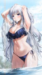 Rule 34 | 1girl, arms behind head, bikini, blue bikini, blue eyes, breasts, cleavage, day, gijang, hair tie in mouth, highres, large breasts, lenhee (kaito), linea alba, long hair, mouth hold, navel, original, outdoors, partially submerged, side-tie bikini bottom, solo, standing, swimsuit, tying hair, white hair