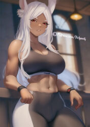 Rule 34 | 1girl, abs, animal ear fluff, animal ears, bare shoulders, black sports bra, black wristband, blurry, blurry background, boku no hero academia, breasts, cleavage, collarbone, cowboy shot, dark-skinned female, dark skin, feet out of frame, highres, holy meh, indoors, large breasts, leaning back, leaning on object, long eyelashes, long hair, looking at viewer, midriff, mirko, muscular, muscular female, navel, nike (company), pants, parted bangs, parted lips, patreon logo, patreon username, rabbit ears, rabbit girl, red eyes, solo, sports bra, sportswear, standing, stomach, tight clothes, tight pants, two-tone pants, very long hair, watermark, web address, white hair, wristband, yoga pants