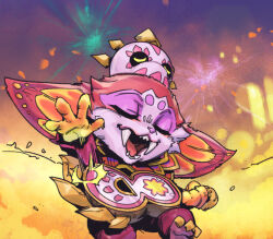 Rule 34 | 1boy, :d, body fur, closed eyes, fangs, fireworks, gnar (league of legends), guitar, holding, holding guitar, holding instrument, instrument, korean commentary, la ilusion gnar, league of legends, multicolored background, multicolored fur, official alternate costume, open mouth, outdoors, phantom ix row, smile, solo, teeth, yellow background, yordle