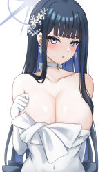 Rule 34 | 1girl, :o, black bow, black hair, blue archive, blue eyes, blue hair, blue halo, blunt bangs, blush, bow, braid, choker, colored inner hair, covered navel, dress, elbow gloves, flower, french braid, gloves, hair flower, hair ornament, hairpin, half updo, halo, hand on own chest, long hair, looking at viewer, multicolored hair, official alternate costume, saori (blue archive), saori (dress) (blue archive), simple background, solo, strapless, strapless dress, very long hair, wachikumori, white background, white choker, white dress, white gloves