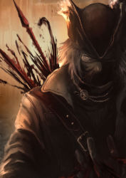 Rule 34 | 1boy, arrow (projectile), belt, blood, bloodborne, brown belt, brown cloak, brown eyes, brown gloves, brown hat, brown scarf, cloak, commentary request, gloves, grey hair, hand up, hat, hunter (bloodborne), lemat, looking at viewer, male focus, mask, mouth mask, scarf, short hair, solo, tricorne