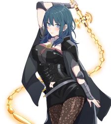 Rule 34 | 1girl, arm up, armor, blue eyes, blue hair, boots, brown pantyhose, byleth (female) (fire emblem), byleth (fire emblem), closed mouth, clothing cutout, fire emblem, fire emblem: three houses, hair between eyes, high heel boots, high heels, highres, holding, holding sword, holding weapon, lace, lace-trimmed legwear, lace trim, medium hair, monotiina, navel, navel cutout, nintendo, pantyhose, pantyhose under shorts, shorts, simple background, smile, solo, sword, weapon, white background