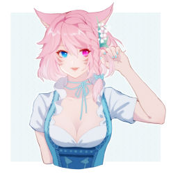 Rule 34 | 1girl, animal ears, apron, warrior of light (ff14), blue apron, blue eyes, blue nails, blue ribbon, braid, breasts, cat ears, cleavage, collarbone, commentary, facial mark, final fantasy, final fantasy xiv, flower, hair flower, hair ornament, hand in own hair, hand up, heterochromia, highres, lips, looking at viewer, lyra-kotto, medium breasts, medium hair, miqo&#039;te, nail polish, neck ribbon, parted lips, pink eyes, pink hair, ribbon, shirt, short sleeves, side braid, single braid, solo, upper body, whisker markings, white flower, white shirt