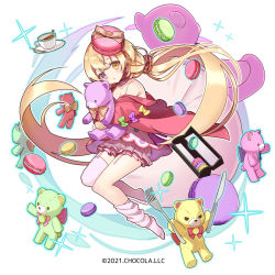 Rule 34 | 1girl, asymmetrical legwear, blonde hair, bloomers, blush, bow, brown eyes, closed mouth, commentary request, copyright notice, cup, dress, food, fork, garter straps, green bow, hair between eyes, heterochromia, hugging object, jacket, knife, long hair, low twintails, macaron, macaron (sugar conflict), miyoshino, off shoulder, official art, open clothes, open jacket, pink bloomers, purple bow, purple eyes, red jacket, saucer, solo, sparkle, spoon, stuffed animal, stuffed toy, sugar conflict, teddy bear, thighhighs, thighhighs pull, twintails, underwear, very long hair, white background, white dress, white thighhighs, yellow bow