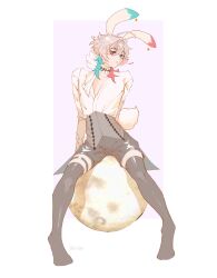 Rule 34 | 1boy, animal ears, arms behind back, bishounen, black shorts, black thighhighs, blue eyes, blue hair, blush, commentary, cowlick, diamond choker, english commentary, eyeshadow, full body, gavis bettel, grey corset, grey hair, heterochromia, highres, holostars, holostars english, kri5pp, looking at viewer, makeup, male focus, moon, multicolored hair, pink eyes, pink eyeshadow, pink hair, rabbit boy, rabbit ears, rabbit tail, scarf, shiny clothes, shirt, shorts, sitting, solo, spread legs, tail, thigh strap, thighhighs, virtual youtuber, white background, white scarf, white shirt