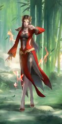 Rule 34 | 1girl, absurdres, artist request, bamboo, bamboo forest, bare legs, blue eyes, brown hair, cai lin (doupo cangqiong), closed mouth, clothing cutout, collar, doupo cangqiong, dress, fire, forest, full body, hair ornament, highres, long hair, long sleeves, metal collar, nature, pointy ears, red dress, red footwear, second-party source, shoulder cutout, smile, snake, solo