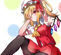 Rule 34 | 1girl, :d, ascot, blonde hair, blush, bow, breasts, crystal, feet out of frame, flandre scarlet, foreshortening, garaudon, grin, hair bow, hand on own cheek, hand on own face, hand up, hat, knee up, long hair, looking at viewer, medium breasts, mob cap, one side up, open mouth, pantyhose, puffy short sleeves, puffy sleeves, red bow, red eyes, red skirt, red vest, short sleeves, simple background, sitting, skirt, smile, solo, touhou, v, vest, white background, white hat, wing collar, wings, yellow ascot