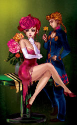 Rule 34 | 1boy, 1girl, after the outing, bad id, bad pixiv id, blonde hair, braid, dress, elbow gloves, flower, formal, giorno giovanna, gloves, jojo no kimyou na bouken, pink hair, rose, short hair, trish una, vento aureo