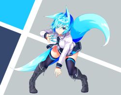 Rule 34 | 1girl, animal ear fluff, animal ears, black footwear, black thighhighs, blue eyes, blue hair, boots, breasts, eyes visible through hair, fighting stance, fox ears, fox tail, hair over one eye, highres, korigitsune, long sleeves, looking at viewer, medium breasts, multiple tails, necktie, needle, original, shirt, short hair, skirt, solo, tail, thighhighs, throwing needles, white shirt