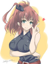 Rule 34 | 1girl, black dress, blue eyes, breast pocket, brown hair, dress, gakky, hair between eyes, index finger raised, kantai collection, long hair, looking at viewer, one-hour drawing challenge, pocket, ponytail, saratoga (kancolle), saratoga kai (kancolle), side ponytail, sidelocks, sleeveless, sleeveless dress, smokestack hair ornament, solo, upper body